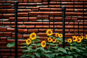 un' rosso mattone parete con girasoli nel davanti di esso. ai-generato foto