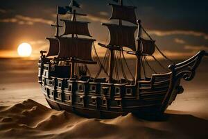 un' modello nave nel il deserto a tramonto. ai-generato foto
