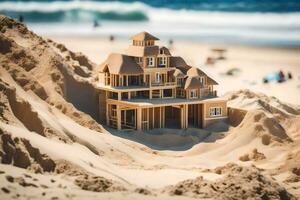 un' sabbia castello su il spiaggia con un' Casa nel il mezzo. ai-generato foto