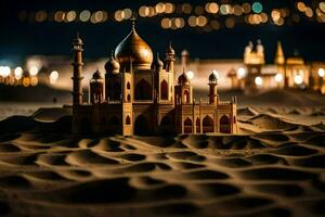 un' miniatura modello di un' moschea nel il deserto. ai-generato foto