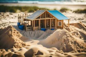 un' miniatura di legno Casa su il spiaggia. ai-generato foto