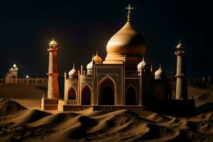 un' modello di un' moschea nel il deserto a notte. ai-generato foto