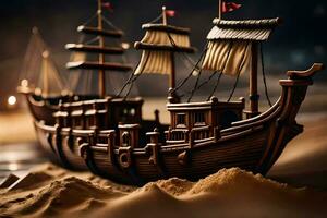 un' modello di un' pirata nave nel il sabbia. ai-generato foto