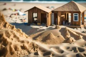 un' miniatura Casa su il spiaggia con sabbia. ai-generato foto