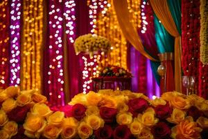 un' colorato nozze cerimonia con giallo e rosso fiori. ai-generato foto