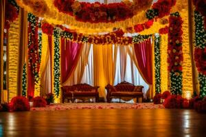 un' nozze palcoscenico decorato con rosso e giallo fiori. ai-generato foto