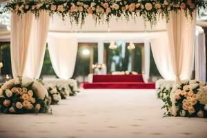 un' nozze cerimonia è impostato su con fiori e bianca tende. ai-generato foto