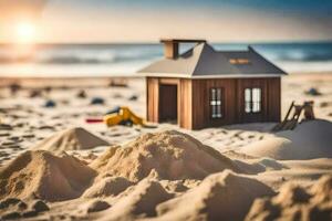 un' miniatura Casa su il spiaggia con sabbia. ai-generato foto