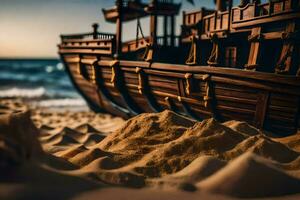 un' modello di un' pirata nave su il spiaggia. ai-generato foto