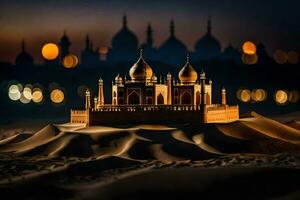 un' miniatura taj Mahal nel il deserto a notte. ai-generato foto