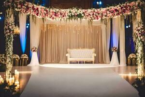 un' nozze cerimonia con un' bianca divano e floreale arco. ai-generato foto