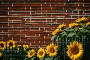 girasoli siamo nel davanti di un' mattone parete. ai-generato foto