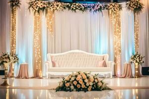 un' nozze palcoscenico con bianca e oro decorazioni. ai-generato foto
