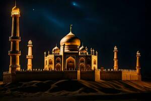 il taj Mahal è illuminato su a notte. ai-generato foto