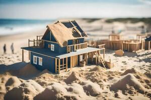 un' miniatura Casa su il spiaggia con sabbia. ai-generato foto