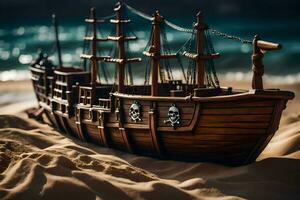 un' modello di un' pirata nave su il spiaggia. ai-generato foto