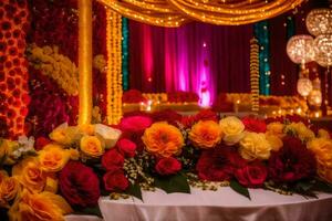un' colorato nozze tavolo con fiori e candele. ai-generato foto