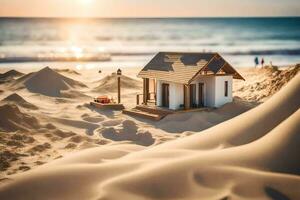 un' miniatura Casa su il spiaggia a tramonto. ai-generato foto