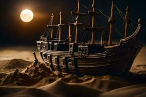 un' modello nave nel il sabbia a notte. ai-generato foto