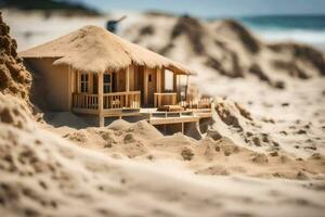 un' miniatura Casa su il spiaggia con sabbia. ai-generato foto