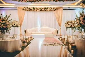 un elegante nozze cerimonia con bianca e rosa fiori. ai-generato foto
