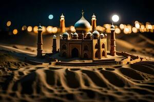 un' modello di un' moschea nel il deserto a notte. ai-generato foto