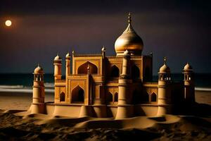 un' sabbia castello è mostrato nel il deserto a notte. ai-generato foto