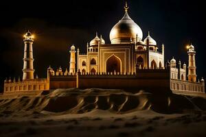 il taj Mahal è illuminato su a notte. ai-generato foto