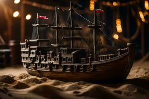 un' di legno modello di un' pirata nave nel il sabbia. ai-generato foto