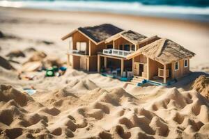 un' miniatura Casa su il spiaggia con sabbia. ai-generato foto