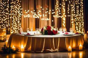 un' tavolo impostato per un' nozze ricezione con candele e luci. ai-generato foto