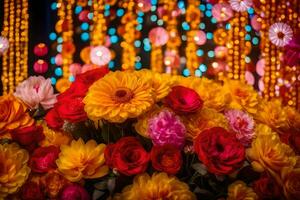 un' colorato mazzo di fiori nel davanti di un' illuminato sfondo. ai-generato foto