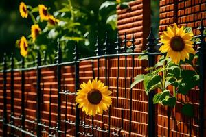 girasoli su un' recinzione. ai-generato foto