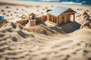 un' miniatura di legno Casa su il spiaggia. ai-generato foto