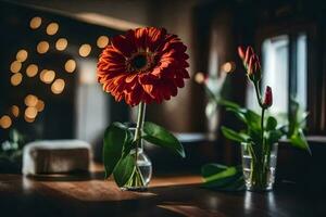 rosso gerbera fiore nel un' vaso su un' tavolo. ai-generato foto