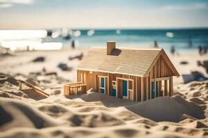 un' di legno Casa su il spiaggia con un' blu tetto. ai-generato foto