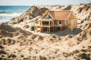 un' miniatura Casa si siede su superiore di un' sabbioso spiaggia. ai-generato foto