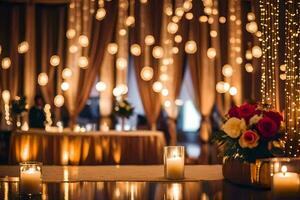 un' tavolo con candele e fiori nel davanti di un' tenda. ai-generato foto