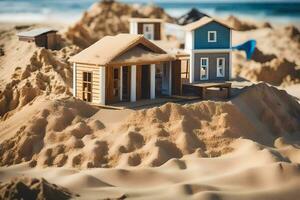 un' miniatura Casa su un' sabbia duna nel il oceano. ai-generato foto