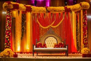 un indiano nozze palcoscenico decorato con rosso e giallo fiori. ai-generato foto