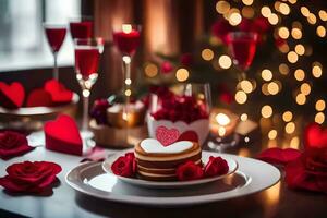 San Valentino giorno tavolo ambientazione con rosso Rose e candele. ai-generato foto