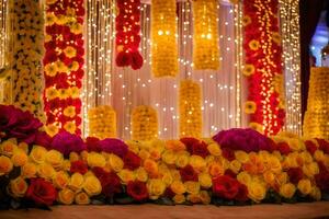 un' palcoscenico decorato con fiori e luci. ai-generato foto