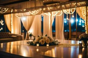 un' nozze ricezione tavolo con candele e fiori. ai-generato foto