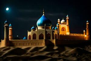 un' modello di un' moschea nel il deserto a notte. ai-generato foto