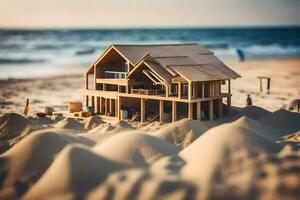 un' miniatura Casa su il spiaggia con sabbia. ai-generato foto