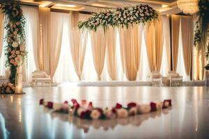 un' nozze cerimonia con fiori e un' cuore sagomato tavolo. ai-generato foto