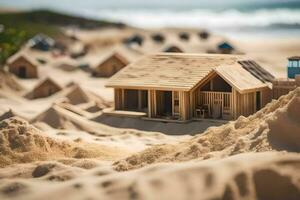 un' miniatura di legno Casa su il spiaggia. ai-generato foto