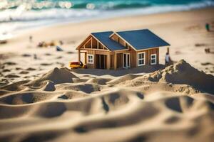 un' miniatura Casa su il spiaggia con sabbia. ai-generato foto