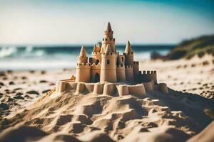 un' sabbia castello su il spiaggia con un' blu cielo. ai-generato foto