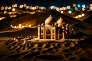un' modello di un' taj Mahal nel il deserto a notte. ai-generato foto